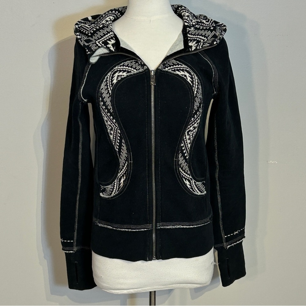 lululemon athletica Black Zip Utility Jacket with Patterned Hood Trim
